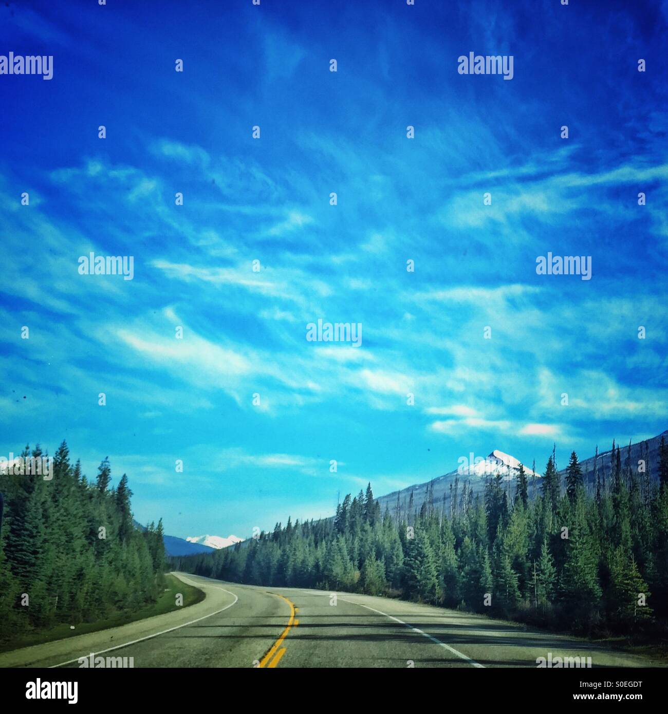 Ampia strada aperta verso la foresta e la montagna nel nord di Alberta in Canada - road trip time! - Immagine stock catturata con smartphone