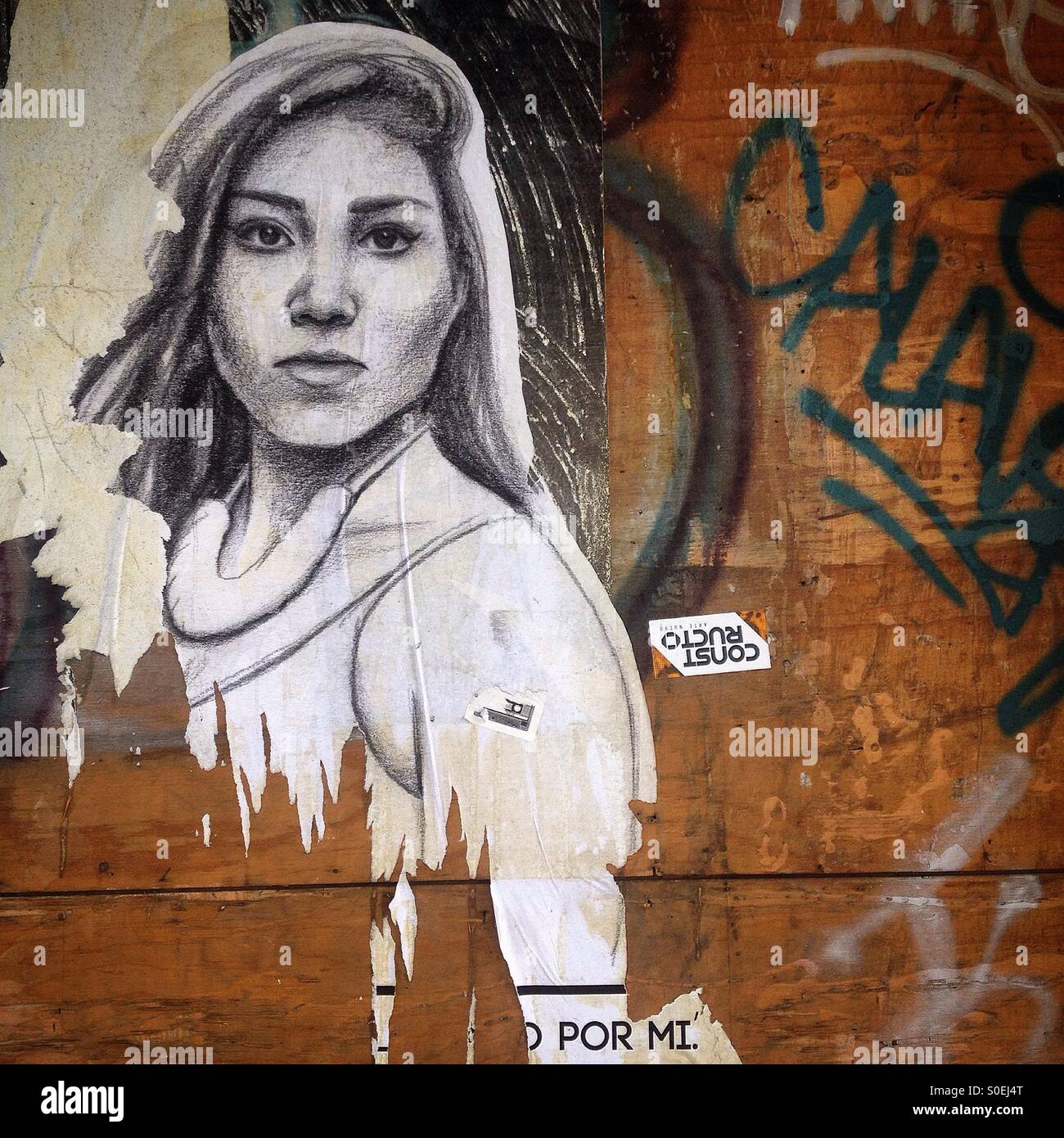 Un bianco e nero il disegno di una donna messicana decora una parete in Città del Messico, Messico - Immagine stock catturata con smartphone