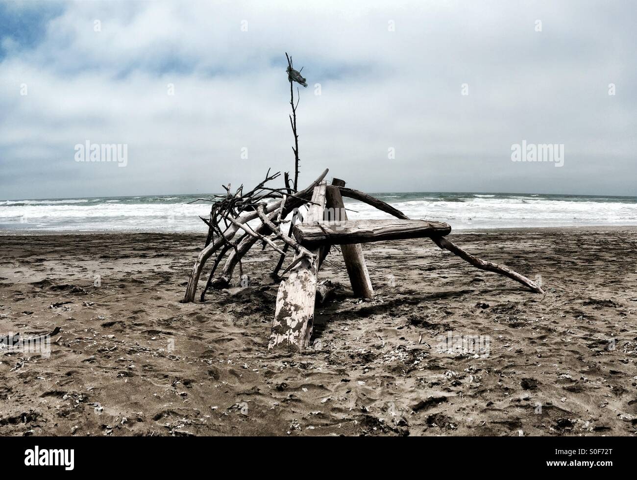 Abbandonato driftwood fort su una distesa vuota della California del Nord spiaggia. Foto Stock