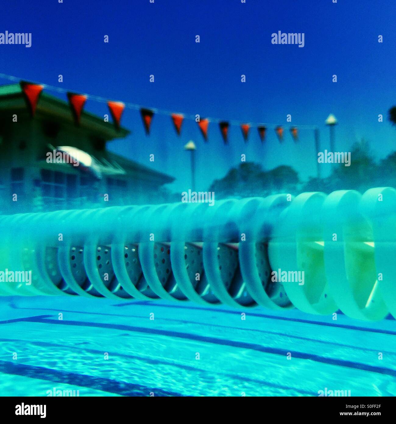 Al di sopra e al di sotto dell'acqua visualizzazioni simultanee in 25 metri di piscina olimpionica esterna dalla linea di corsia, bandiere, verso il ponte. - Immagine stock catturata con smartphone