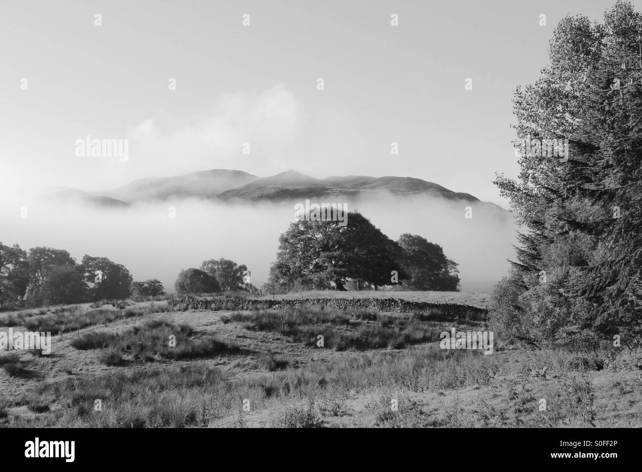 Passeggiata mattutina nel Matterdale Valley Lake District Inghilterra. Basse nubi si siede nel fondovalle. Foto Stock