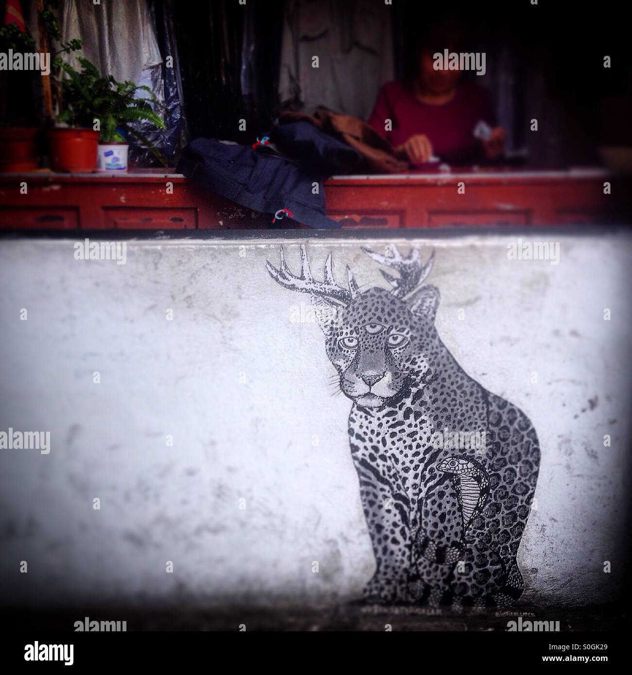 Un'opera d'arte 'Jicuri' dall'artista Diana Garcia decora una parete in Colonia Condesa, Città del Messico, Messico - Immagine stock catturata con smartphone