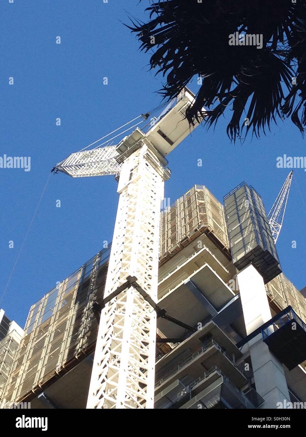 Guardando il luffing una gru a torre a fianco di un alto edificio in costruzione - Immagine stock catturata con smartphone