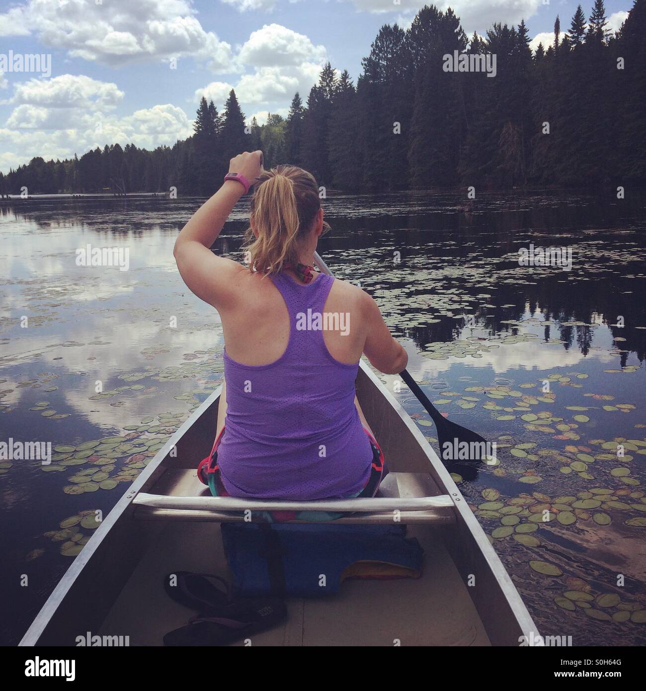 Ragazza paddling una canoa in un lago in Algonquin Park, Ontario, Canada Foto Stock