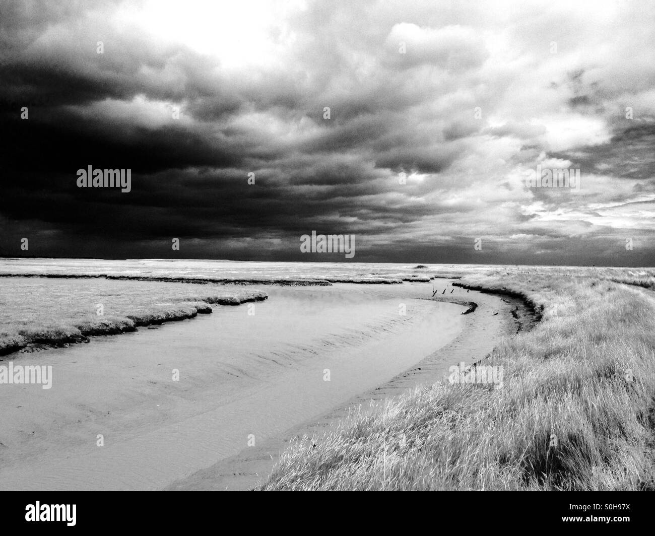 Barthorp's Creek, strada di ciottoli, Suffolk, Regno Unito. - Immagine stock catturata con smartphone
