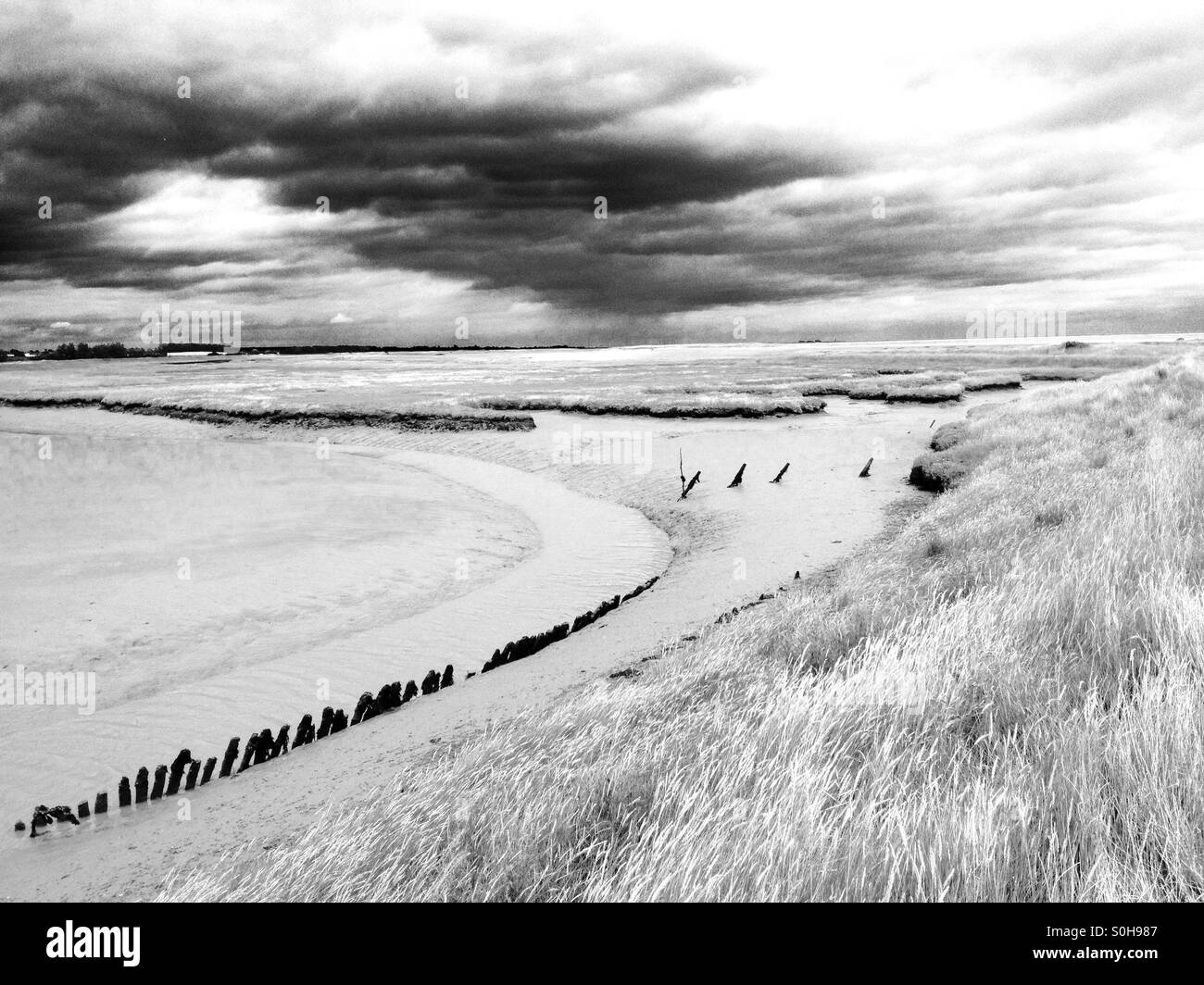 Barthorp's Creek, strada di ciottoli, Suffolk, Regno Unito. - Immagine stock catturata con smartphone