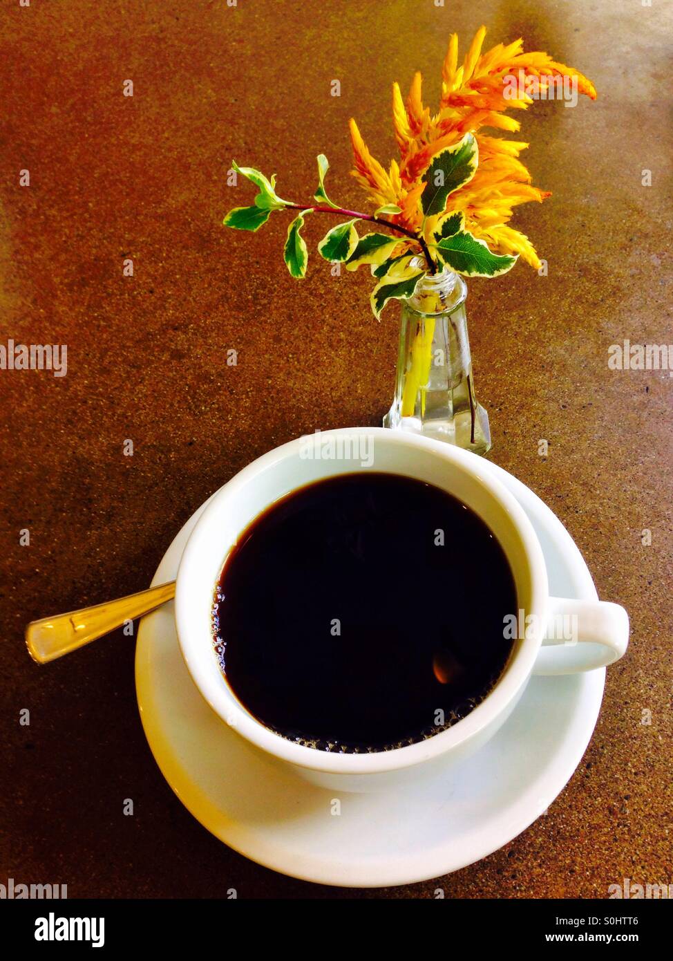 Una tazza di caffè su una tabella con un piccolo vaso di fiori - Immagine stock catturata con smartphone