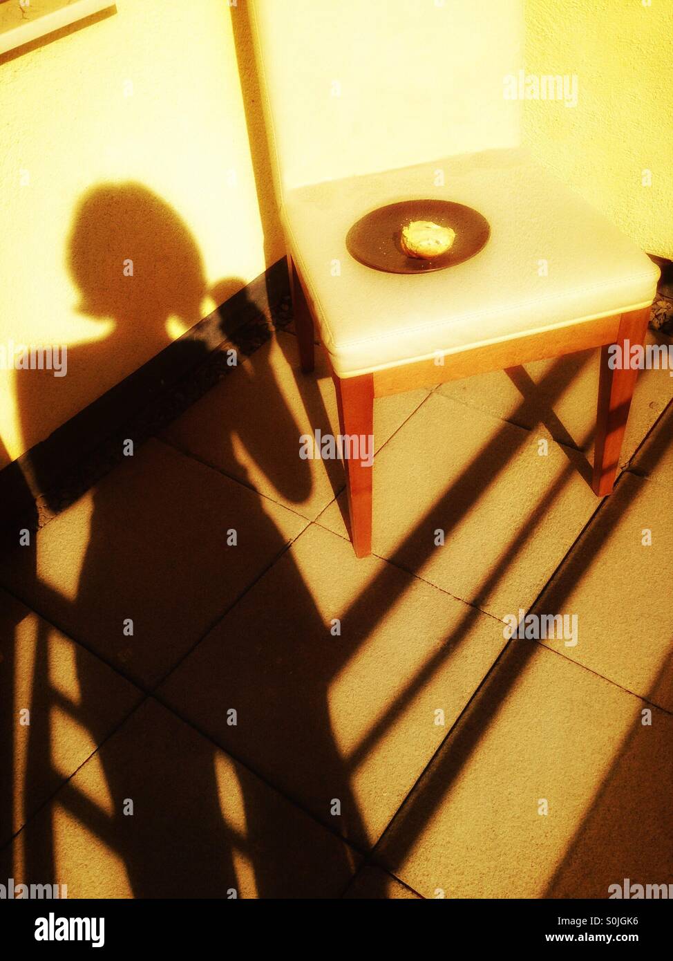 Selfie ombra di me reggendo una tazza di caffè, da sedia con la torta su un piatto Foto Stock