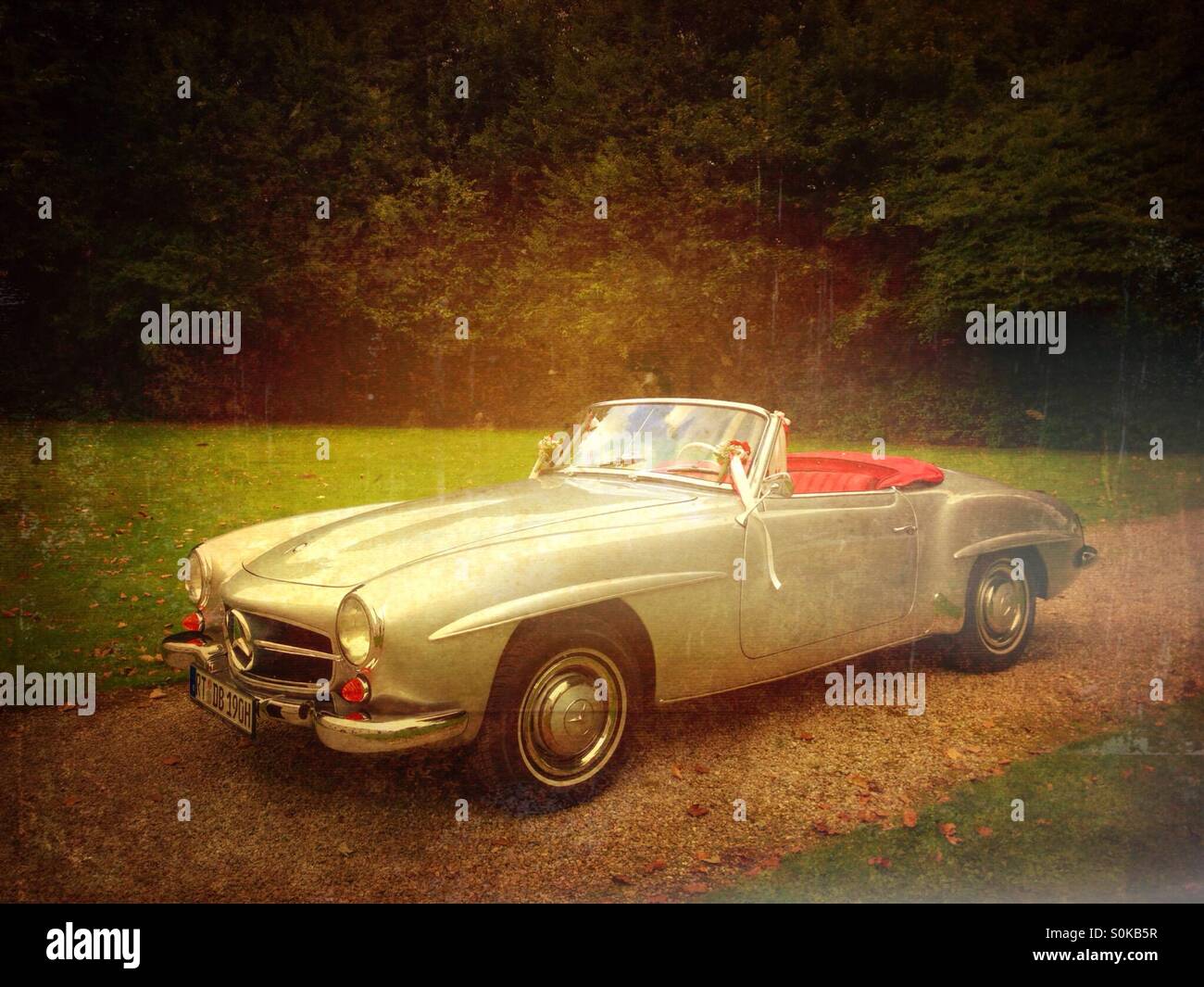 Un argento vintage Mercedes Benz 190 SL decorate convertibile per un matrimonio in un giardino Foto Stock