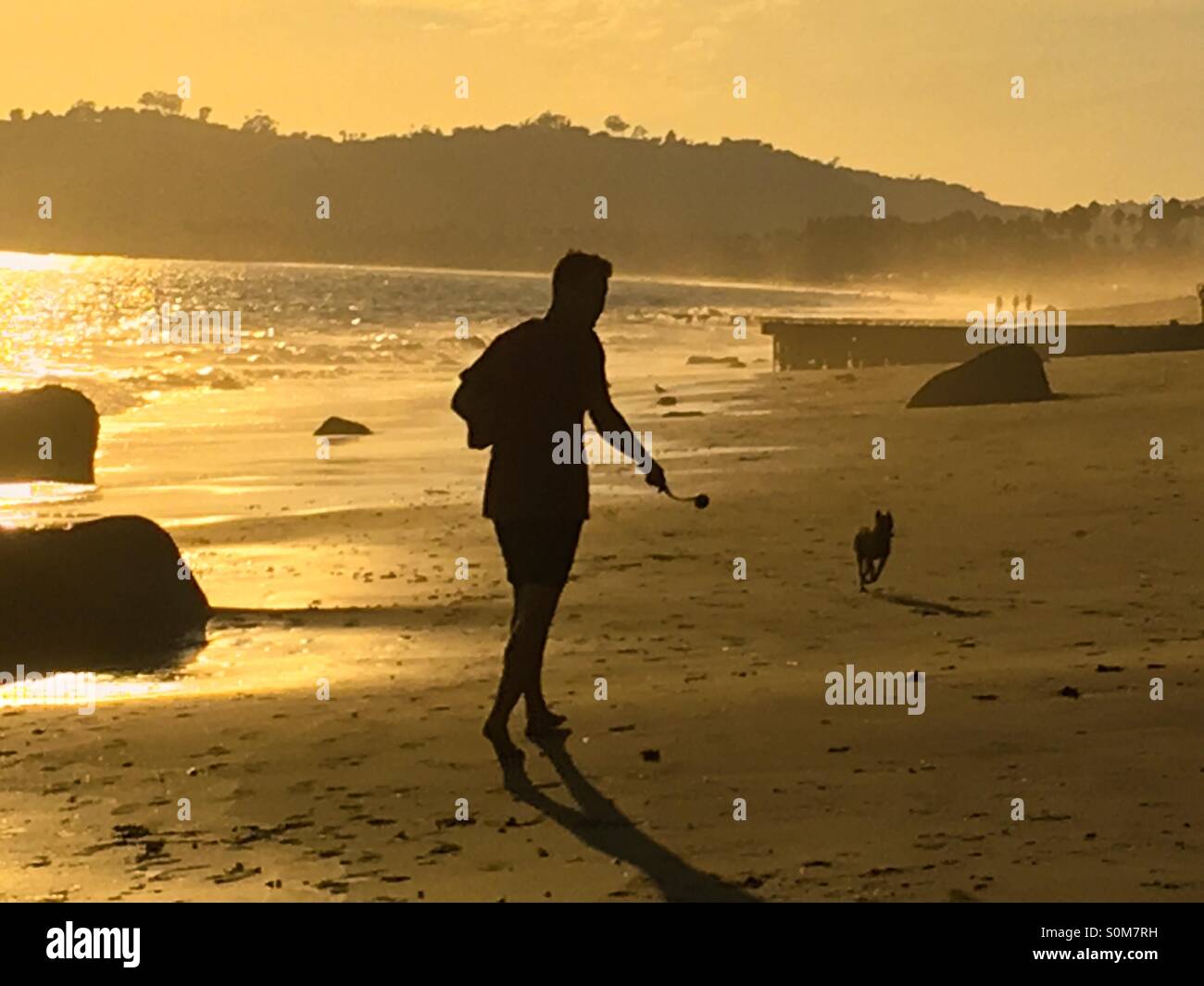 Uomo con una palla da tennis gettando stick giocando fetch con la sua miniatura Pinscher cane sulla spiaggia al tramonto - Immagine stock catturata con smartphone