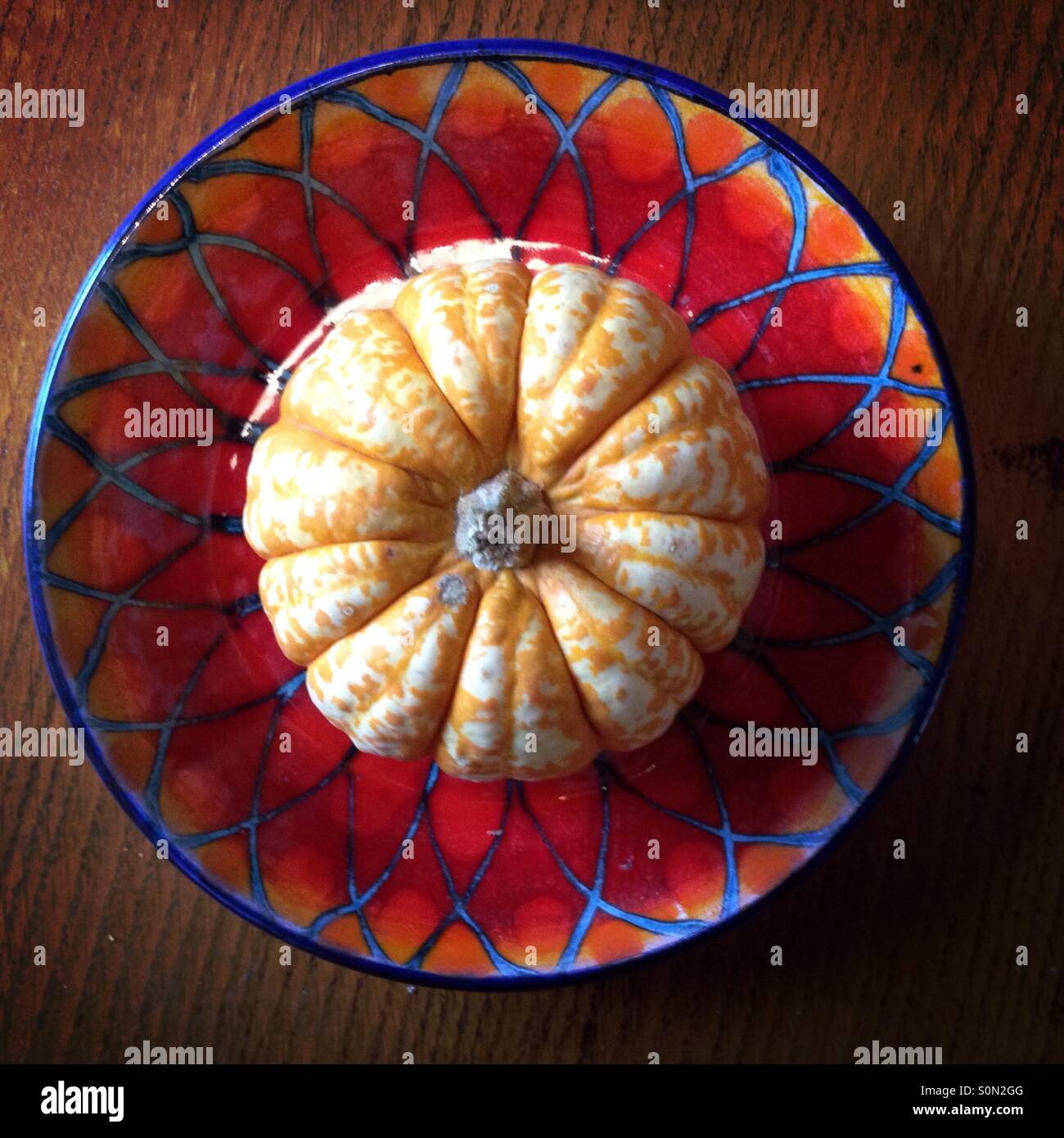 Piccola zucca su una piastra colorati - Immagine stock catturata con smartphone