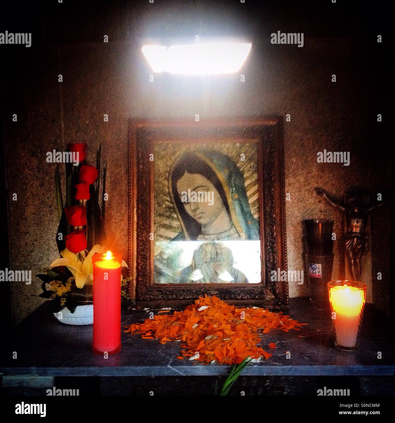 Un ritratto della Madonna di Guadalupe durante il giorno dei morti celebrazioni in San Gregorio Atlapulco, Xochimilco, Città del Messico, Messico Foto Stock