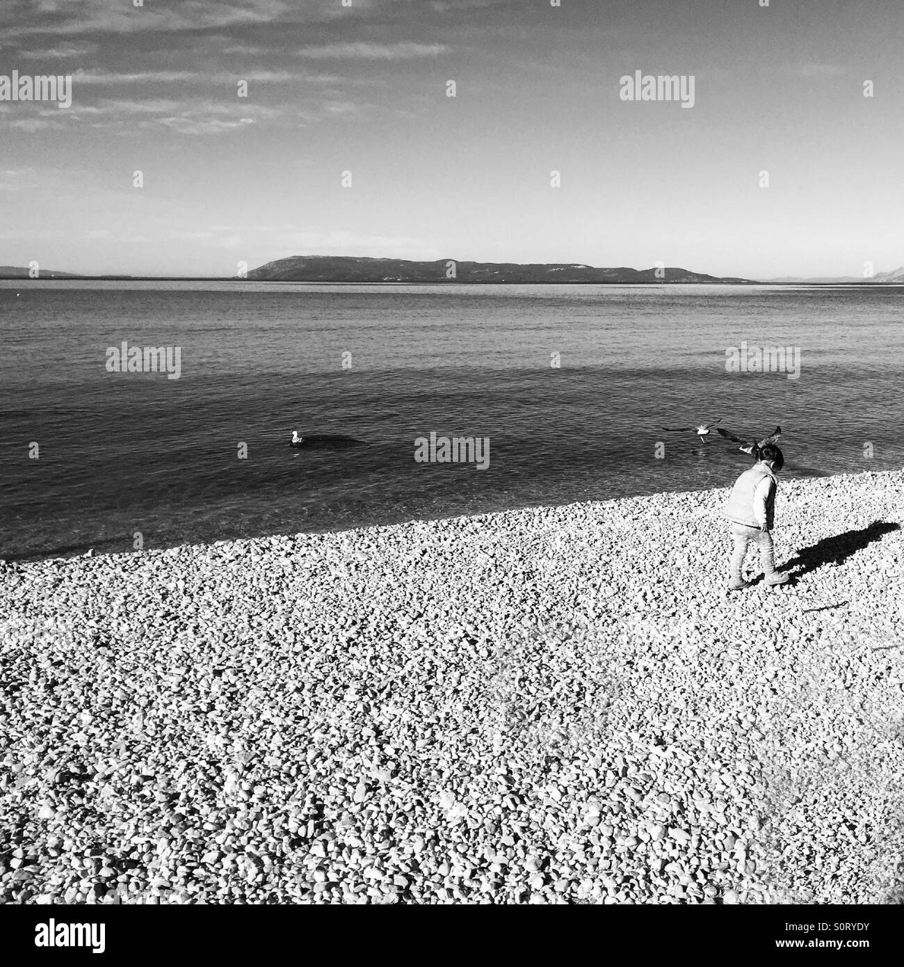Poco ragazza camminare sulla spiaggia vicino al mare Foto Stock