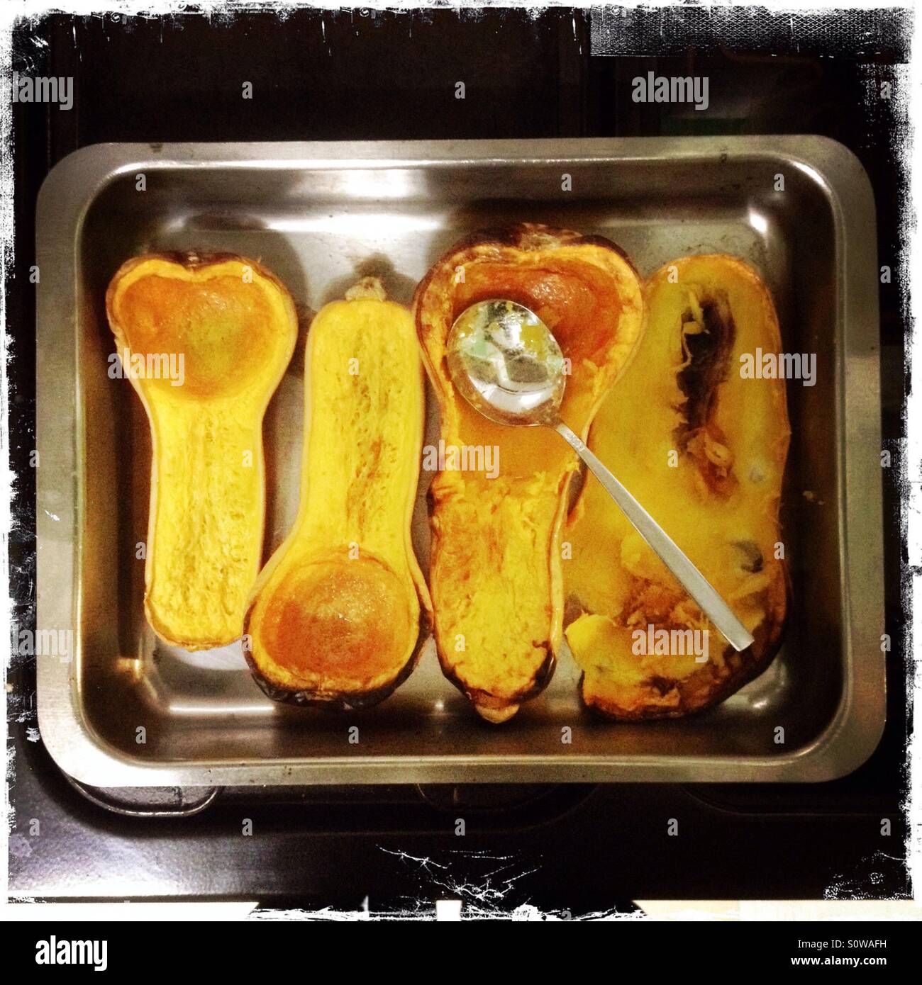 Arrosto di zucca in una teglia per arrosti pronto per preparare zuppe Foto Stock