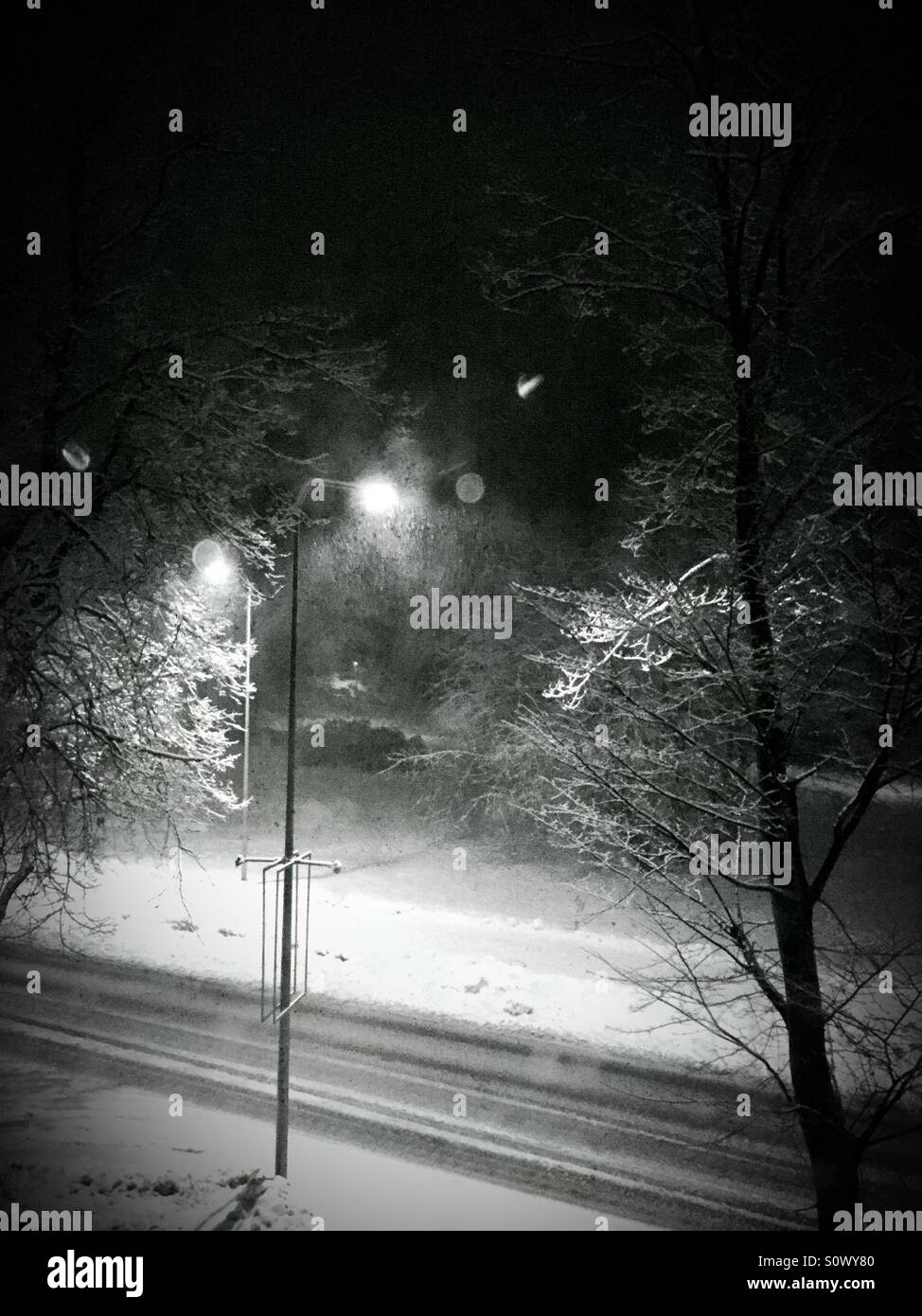 Nevicava di notte a Tallinn in Estonia Foto Stock