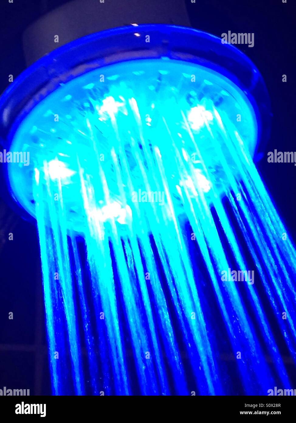 Testa di doccia, illuminazione blu, Foto Stock