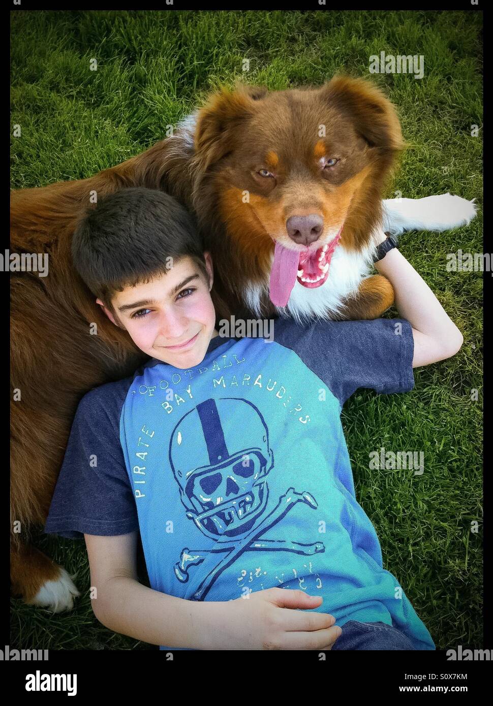 Un ragazzo e il suo cane Foto Stock
