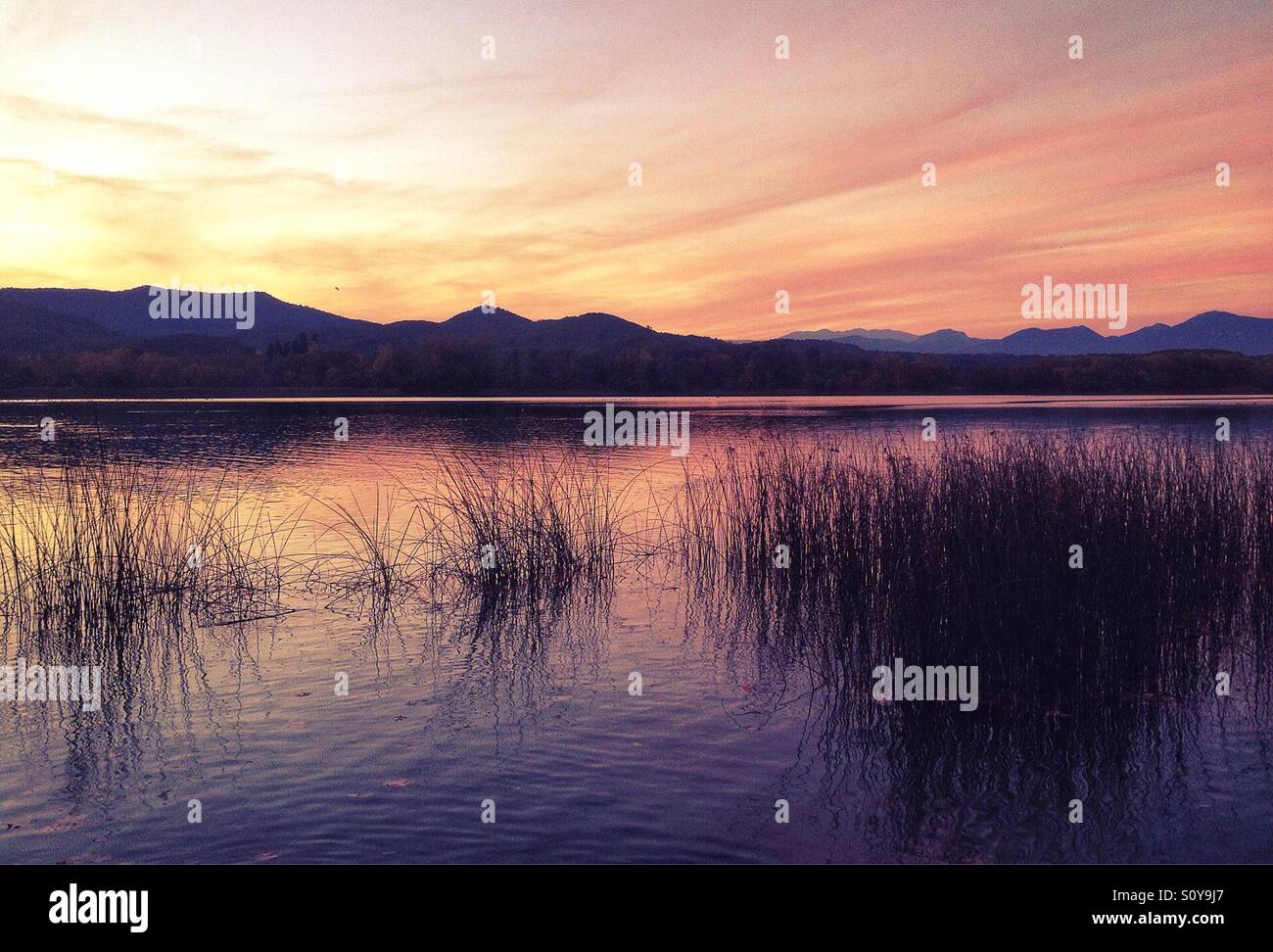Tramonto sul lago di Banyoles in Girona, Spagna - Immagine stock catturata con smartphone