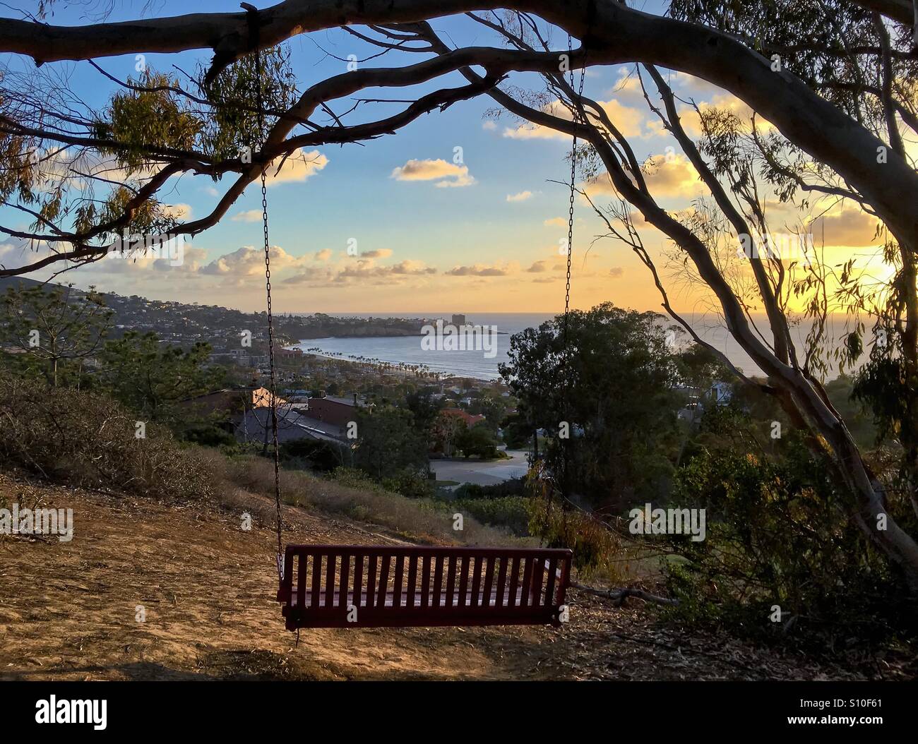 Rustico vuoto panca in legno swing appeso a un albero con una vista perfetta che si affacciano sull'oceano al tramonto. Prese a La Jolla, California, Stati Uniti d'America. Foto Stock