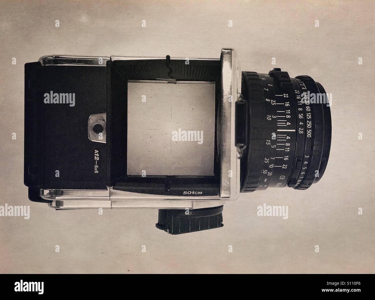 Un overhead shot di Hasselblad fotocamera di medio formato. Foto Stock