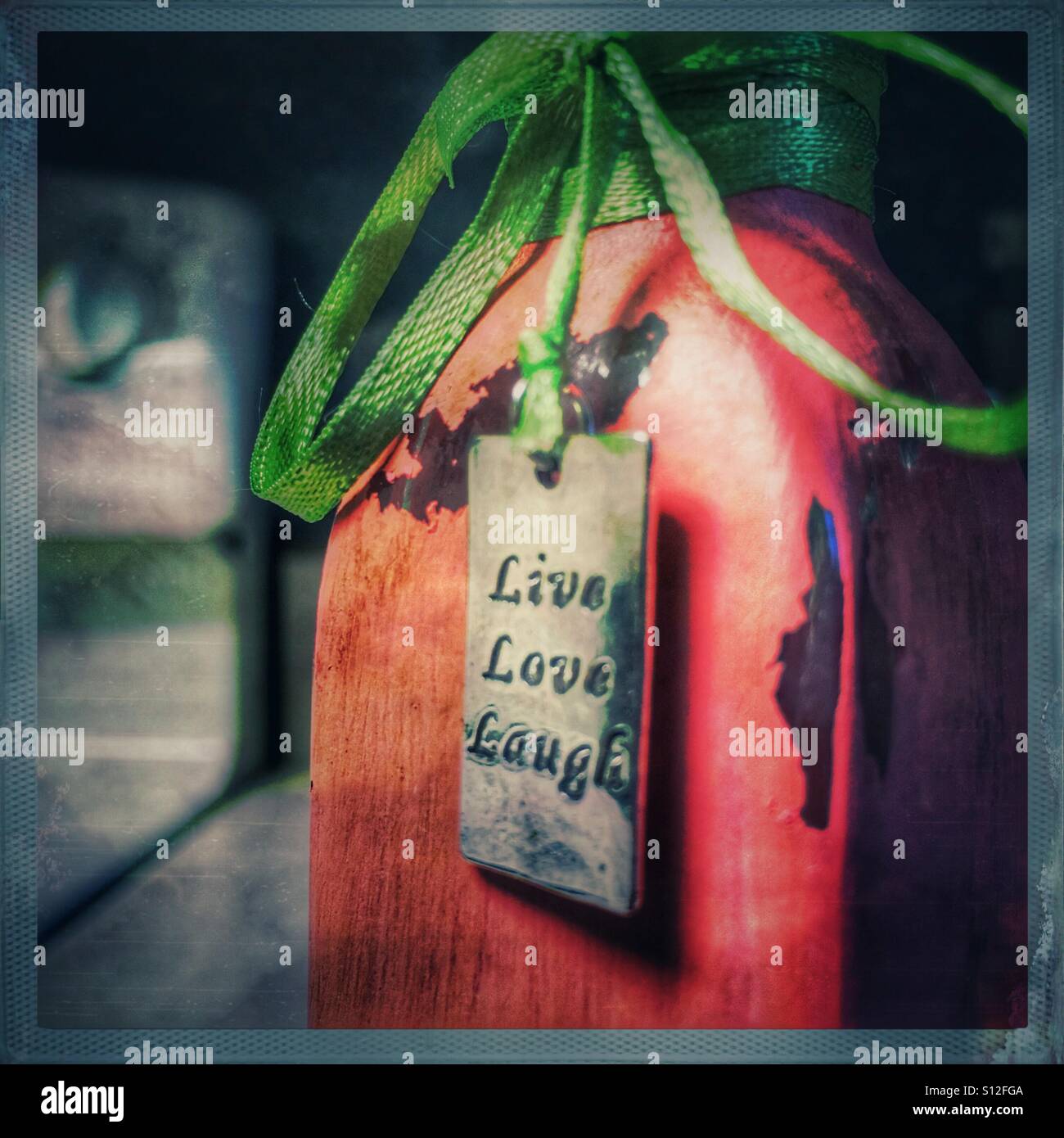 Un rustico, rosa bottiglia con un nastro verde e un fascino penzolanti che dice "Vivere l'amore ridere". - Immagine stock catturata con smartphone