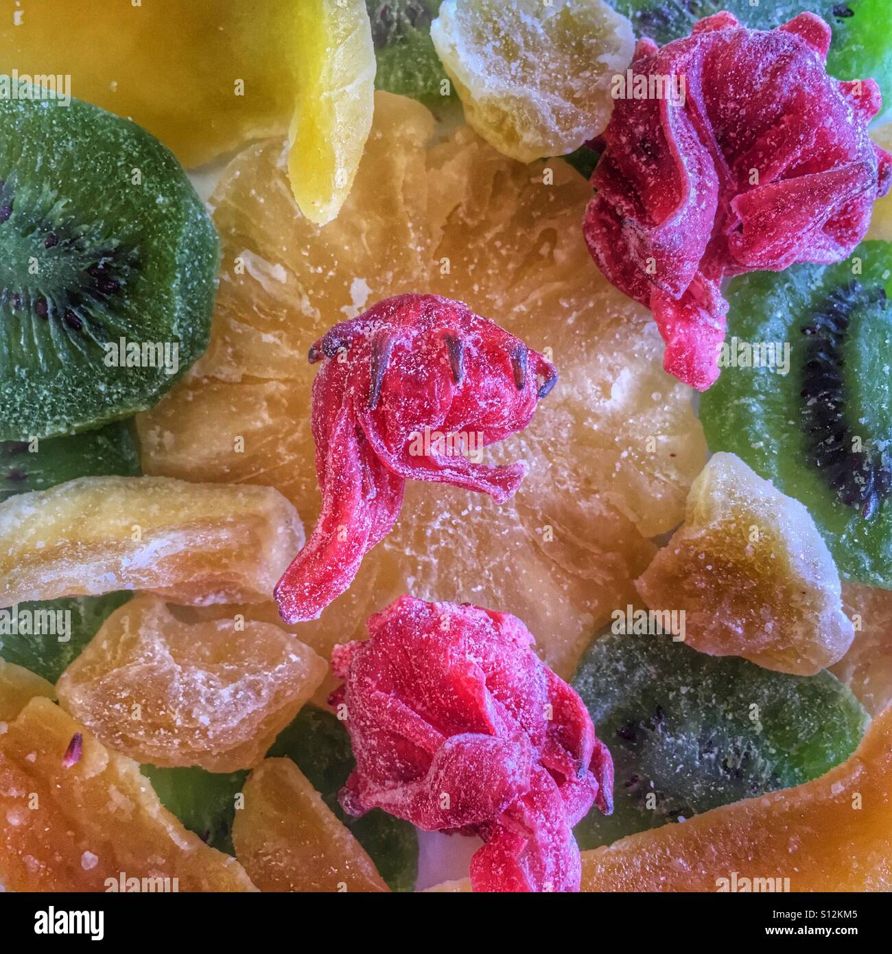 Frutta candita. Ananas, kiwi, mango, Apple, cactus fiore. Foto Stock