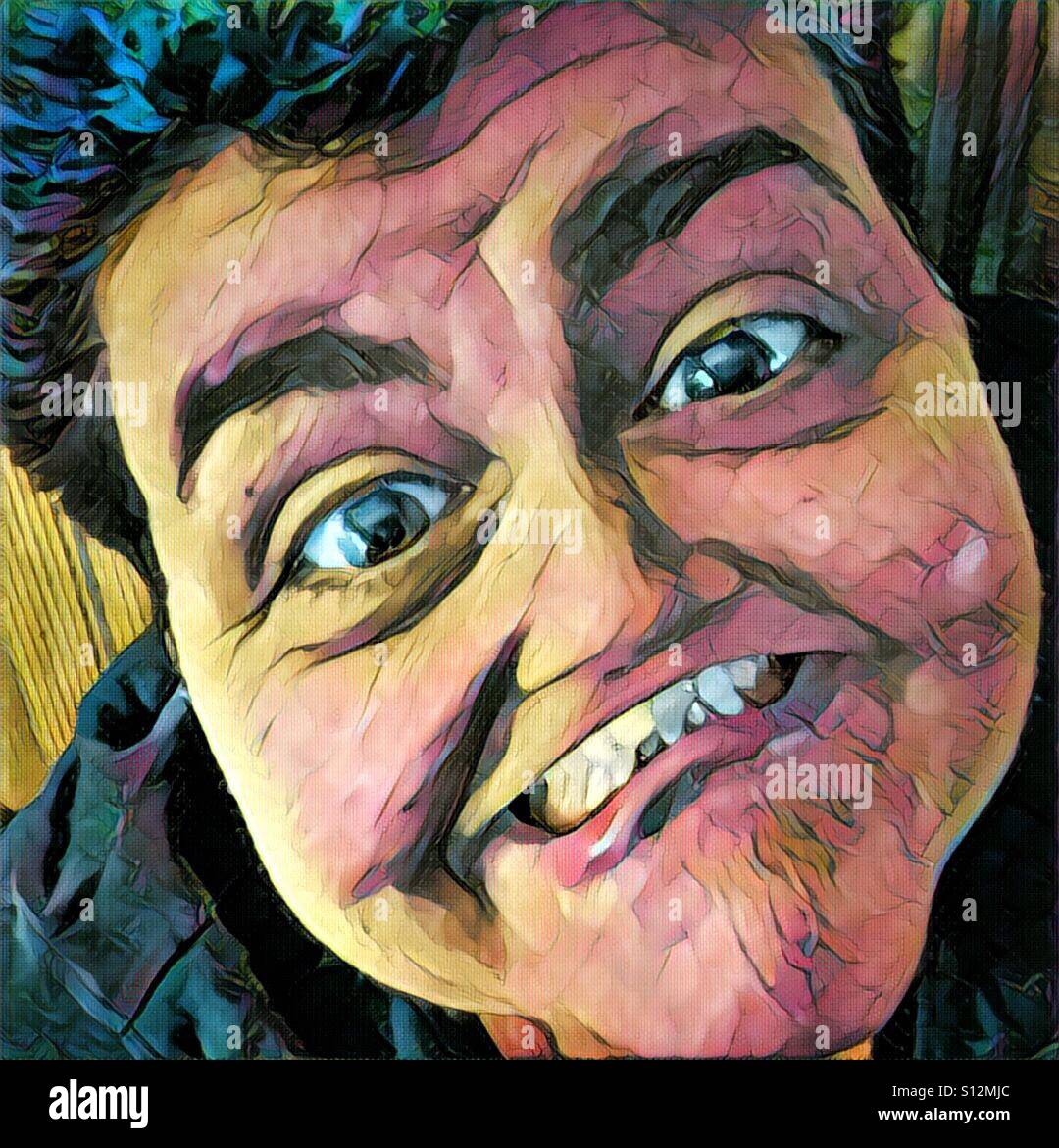 Un abstract di pittura digitale della faccia distorta di un pelo scuro donna sorridente in un modo bizzarro - Immagine stock catturata con smartphone