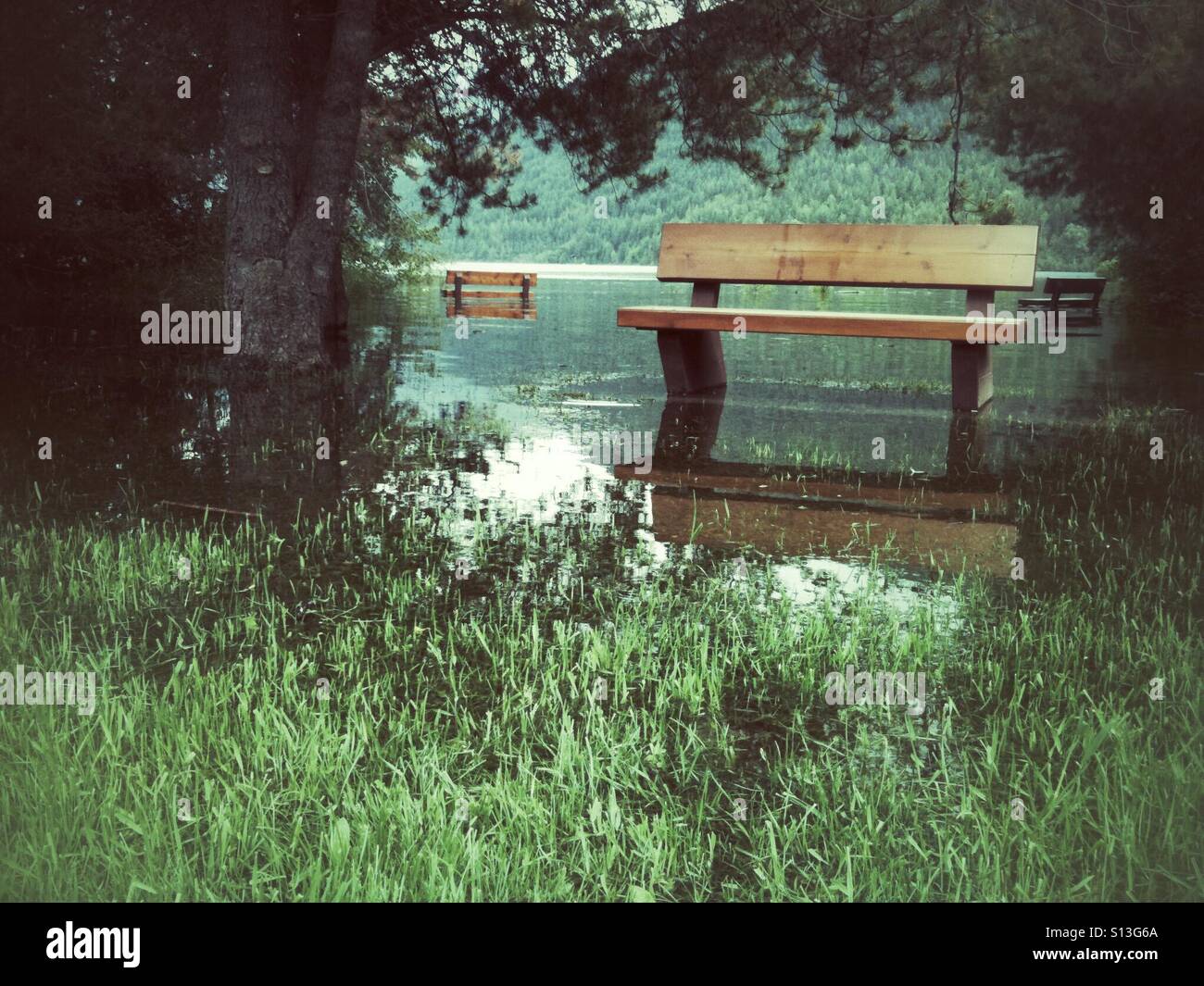 Panche stand in un parco allagato con acqua. Foto Stock