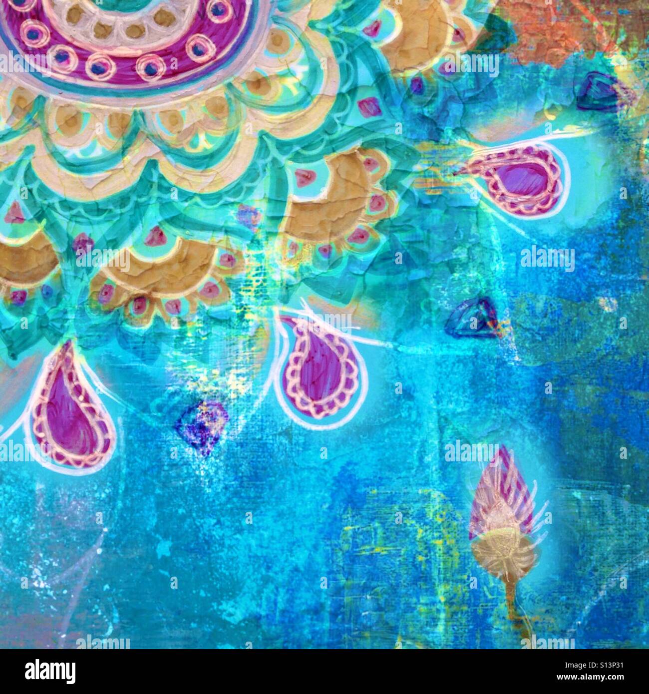 Groviglio Zen, Sun Flower, stile Boho, colorato, fotografia del gel originale arte con texture e stratificata per effetto del filtro Foto Stock