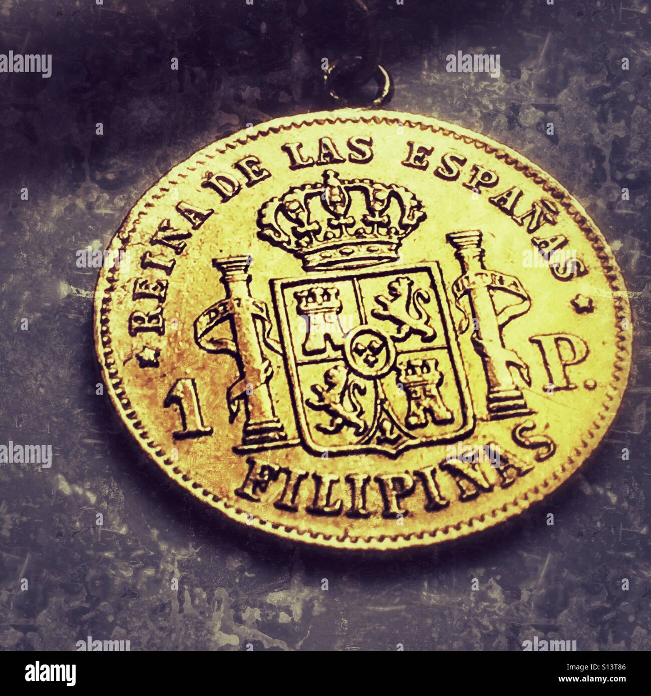 Moneta d'oro. 1868. 1 pesos. Isabel II. La retromarcia. Caratteri: Reina de las Españas 1P Filipinas. Foto Stock
