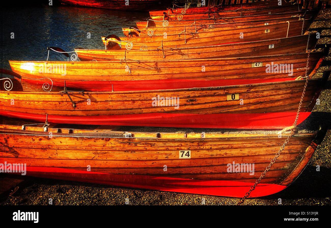 Barche a remi allineate sulla riva del lago a Bowness-on-Windermere Foto Stock