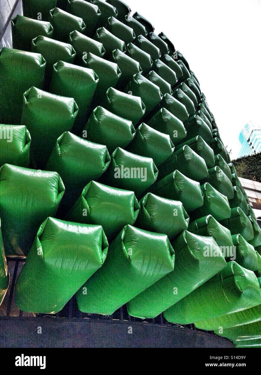 Riciclato e riutilizzato verde sacchetti di plastica gonfiato come parete di palloncini per l'arte ambientale l'installazione Foto Stock