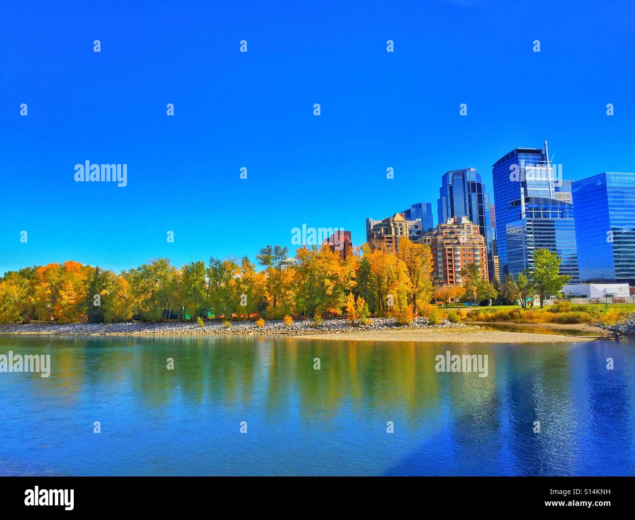 I colori autunnali sul Fiume Bow e il centro cittadino di Calgary - Immagine stock catturata con smartphone