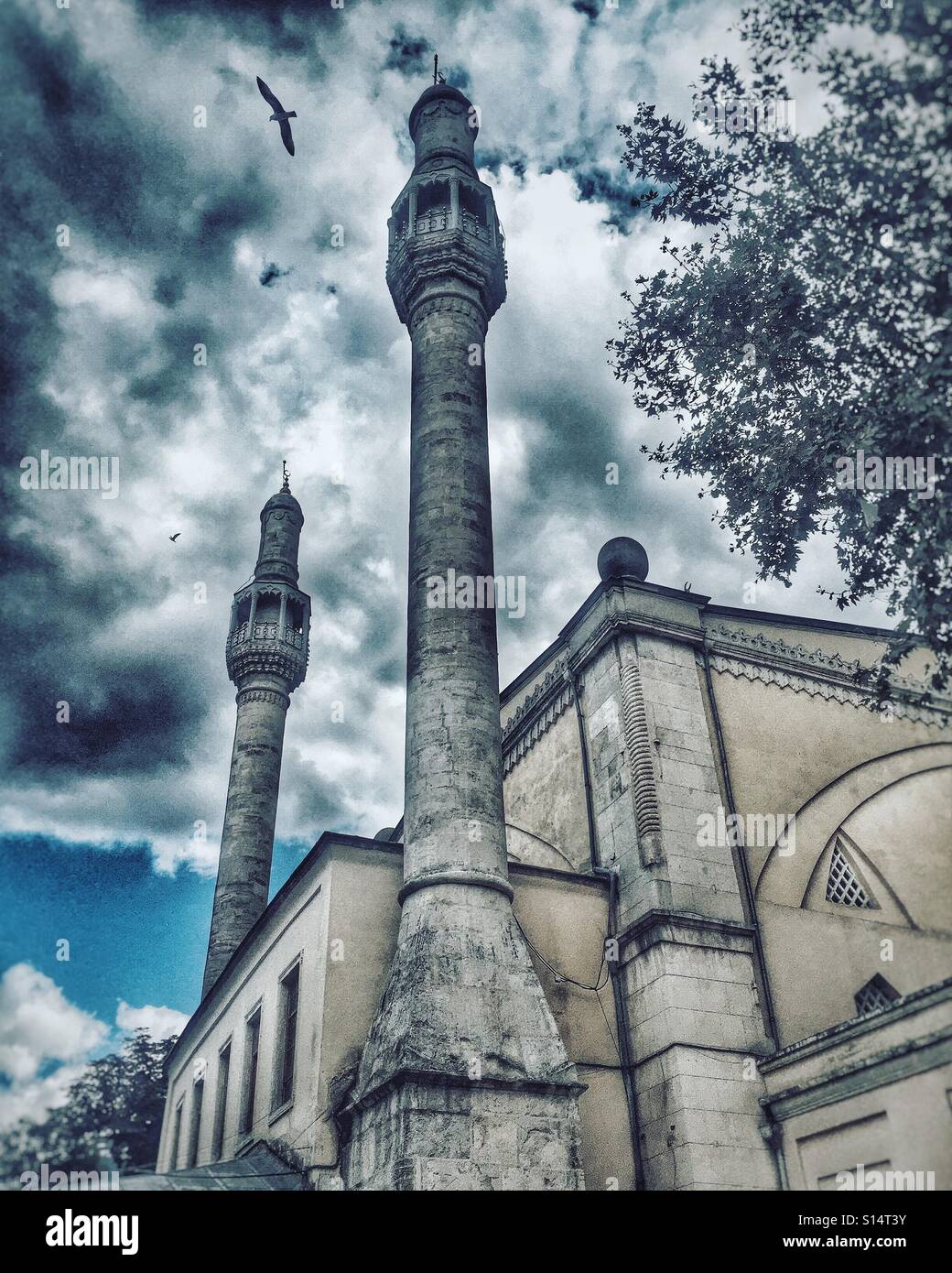 I minareti della Moschea di Istanbul, in Turchia, con uccello che vola da - Immagine stock catturata con smartphone