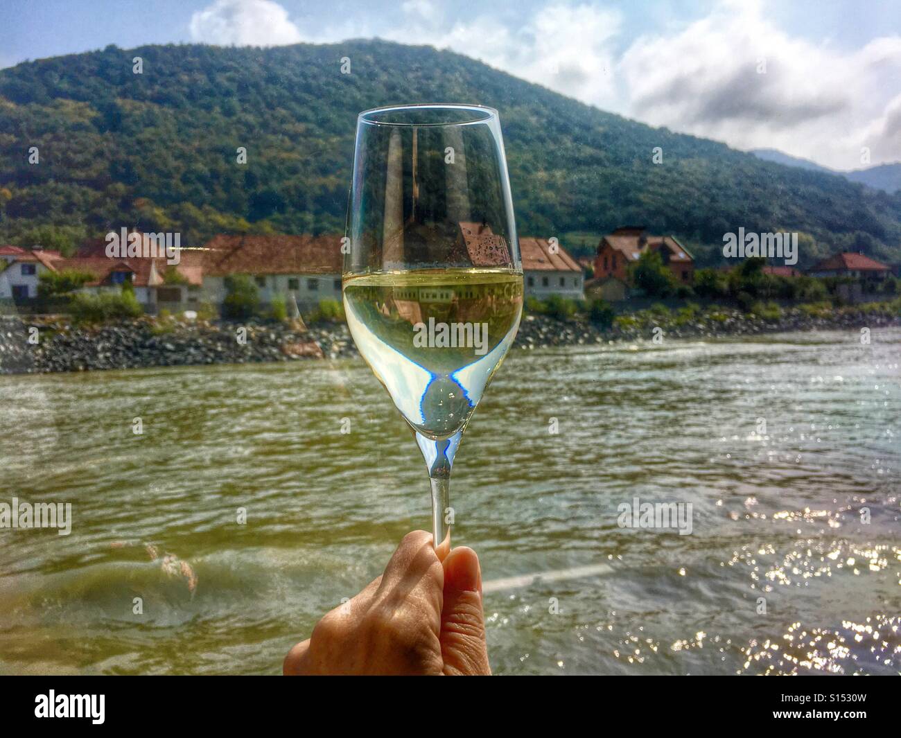 Degustazione di vino nella Valle del Danubio in una crociera lungo il Fiume Danubio nei pressi di Spitz, Austria Foto Stock