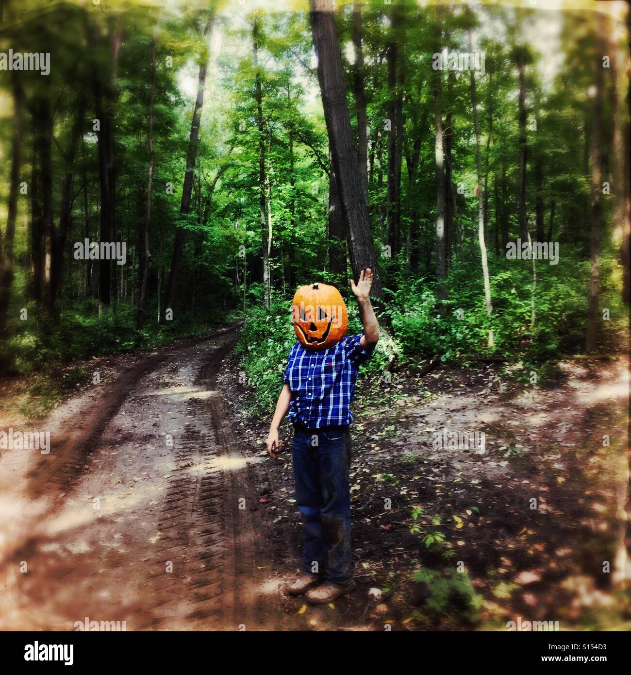 Una metà uomo e metà del jack-o-lantern creatura nella foresta salutando/addio. Foto Stock