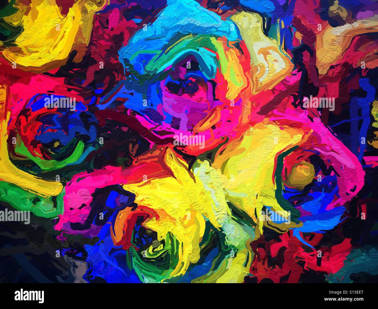 Un abstract di pittura digitale delle colorate rose contro uno sfondo nero Foto Stock