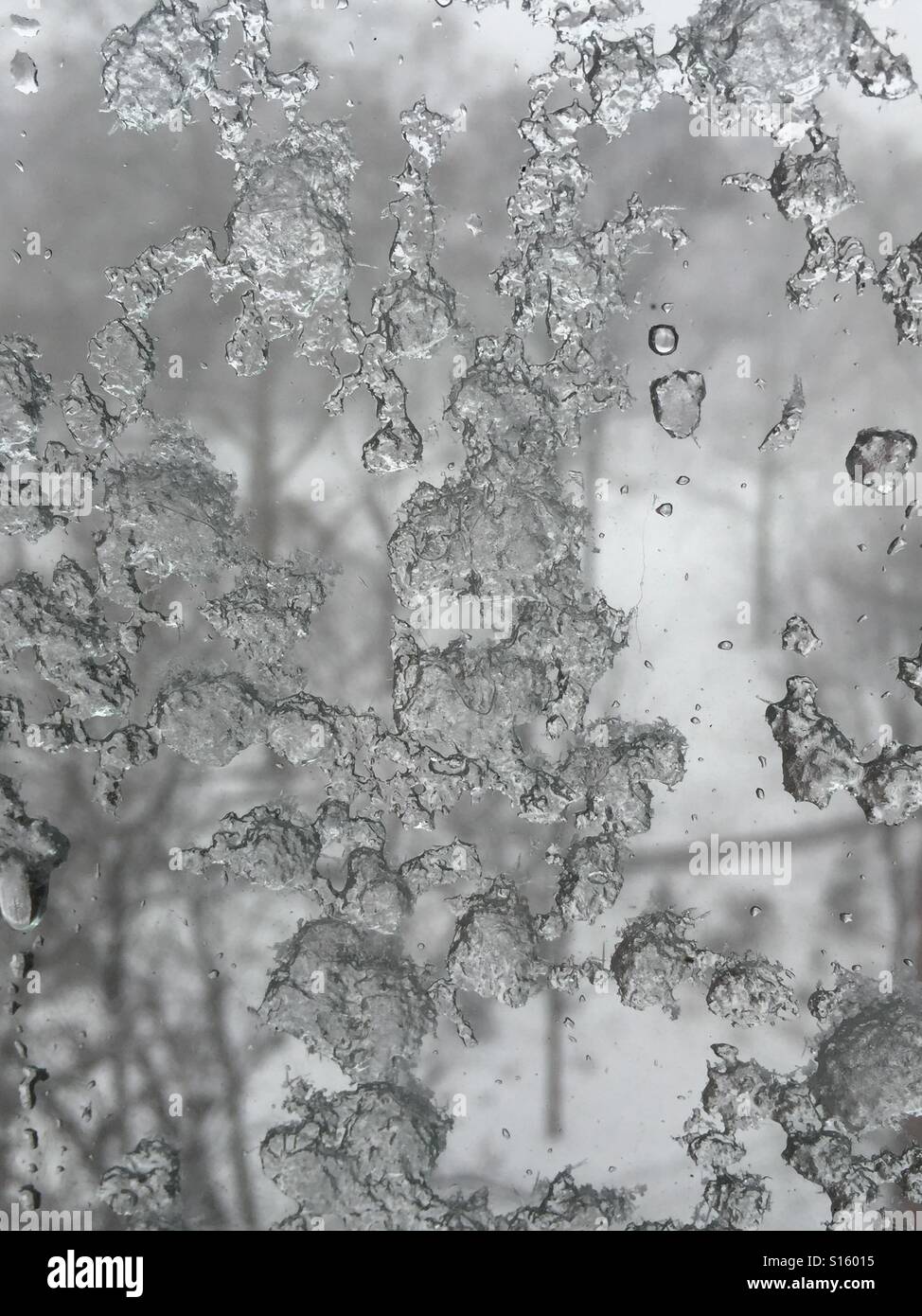 Ghiaccio su un New York finestra, con alberi e neve in background Foto Stock