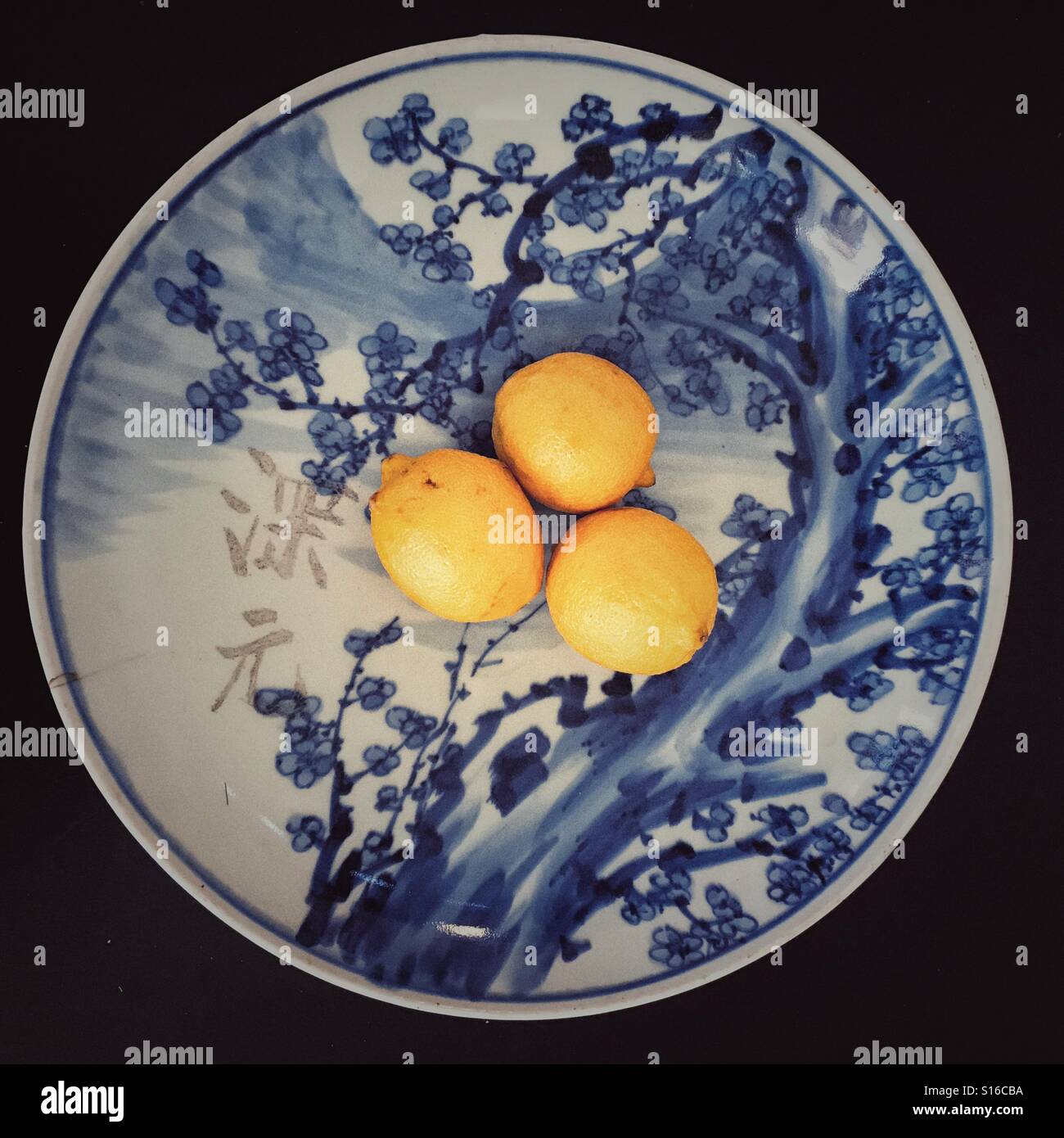 Tre piccoli limoni su un giapponese di blu e bianco piatto. Foto Stock