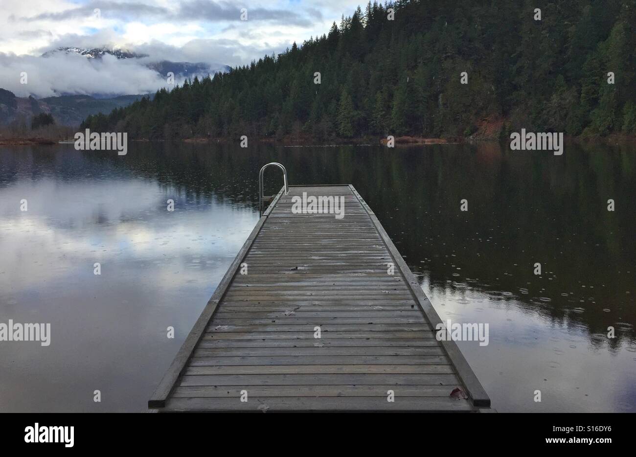 Ponte di legno presso il lago in una piovosa mattinata Foto Stock