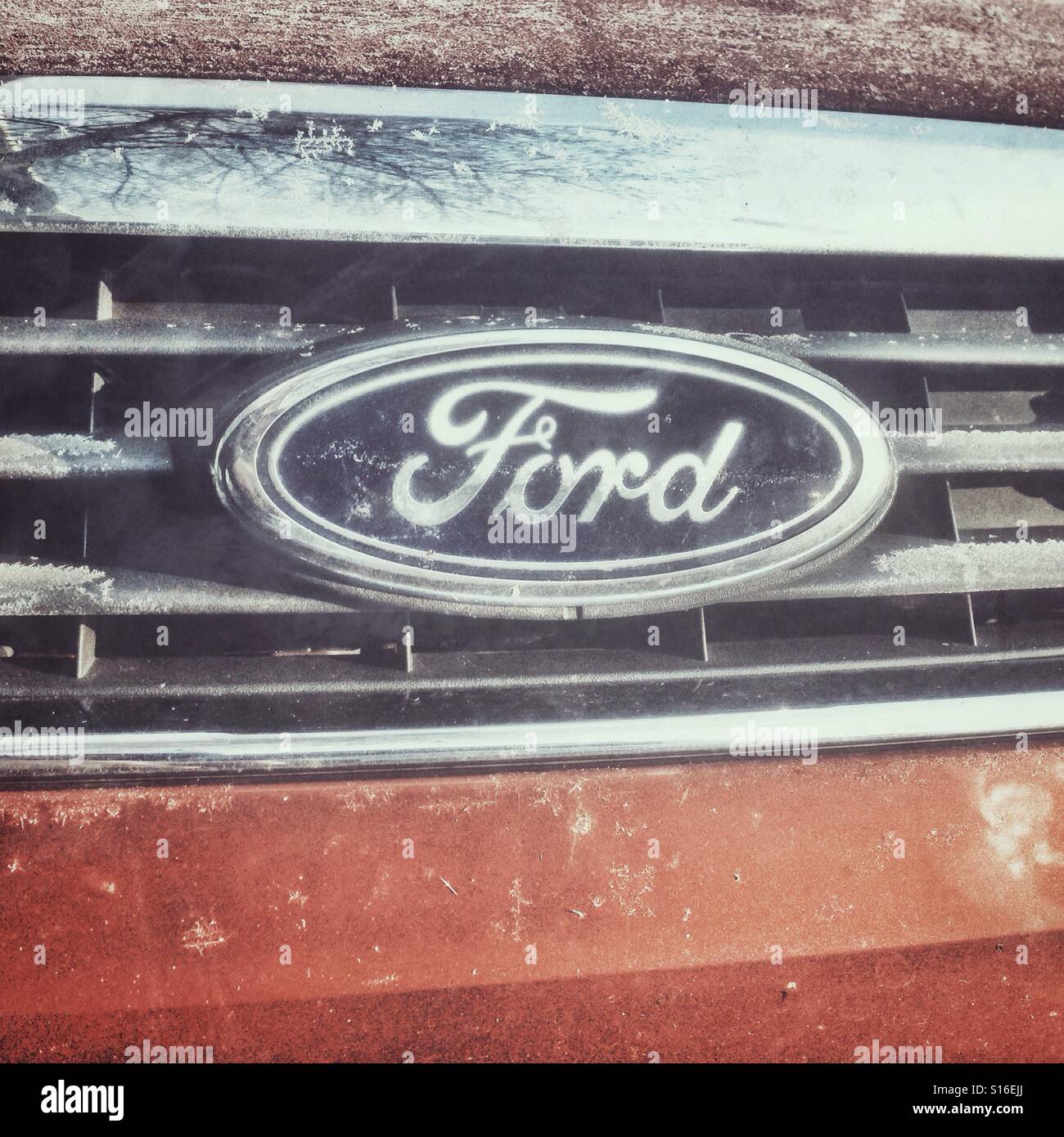 Ford logo del marchio su una griglia di auto Foto Stock