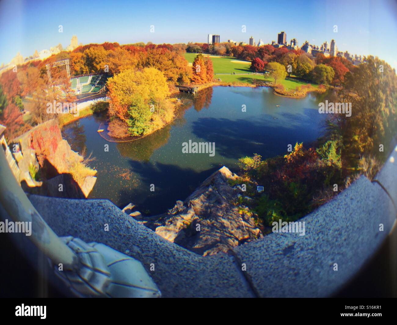 Obiettivo Fisheye vista del grande prato e lo stagno delle tartarughe a Central Park, NYC - Immagine stock catturata con smartphone
