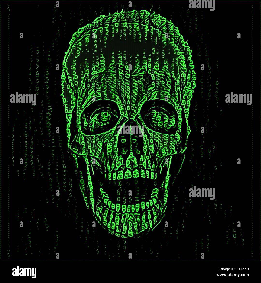 Una immagine di un incandescente cranio verde composta da digital bit e byte contro uno sfondo scuro - Immagine stock catturata con smartphone