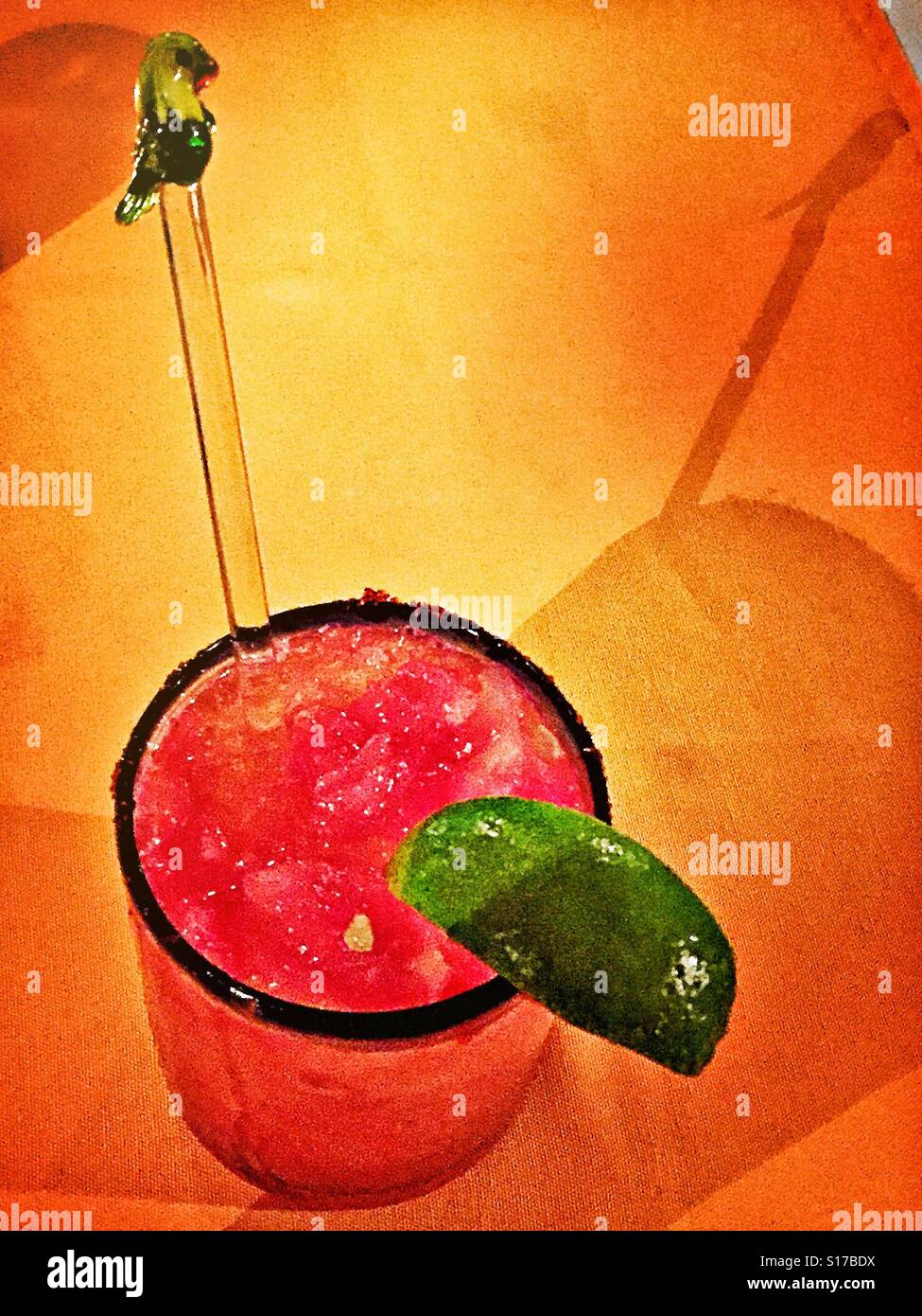 Un pappagallo swizzle stick è collocato in un bicchiere riempito con un cocomero margarita guarnito con una fetta di lime e un peperoncino salati rim. Foto Stock