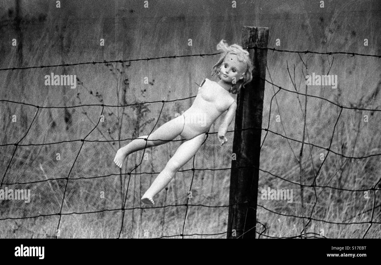 Una bambola danneggiata si trova appesa in un recinto a seguito di un tornado in Indiana Foto Stock