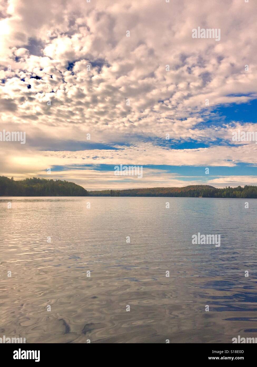 Puffy nuvole sopra la foresta di autunno al lago ritratto Foto Stock