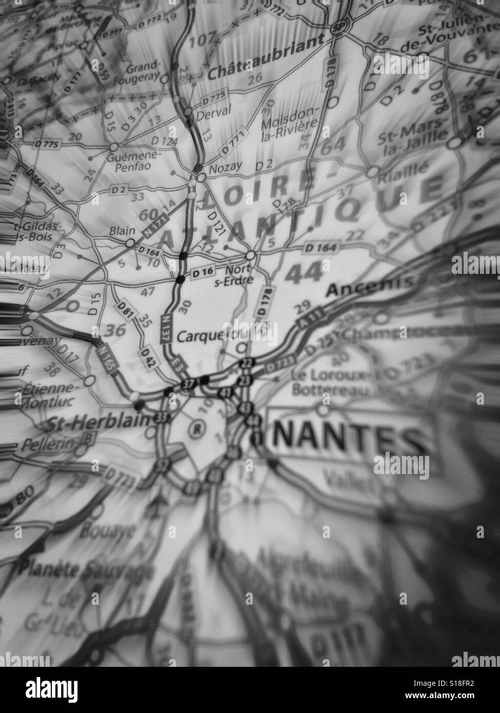 Mappa che mostra Nantes, Francia in bianco e nero Foto Stock