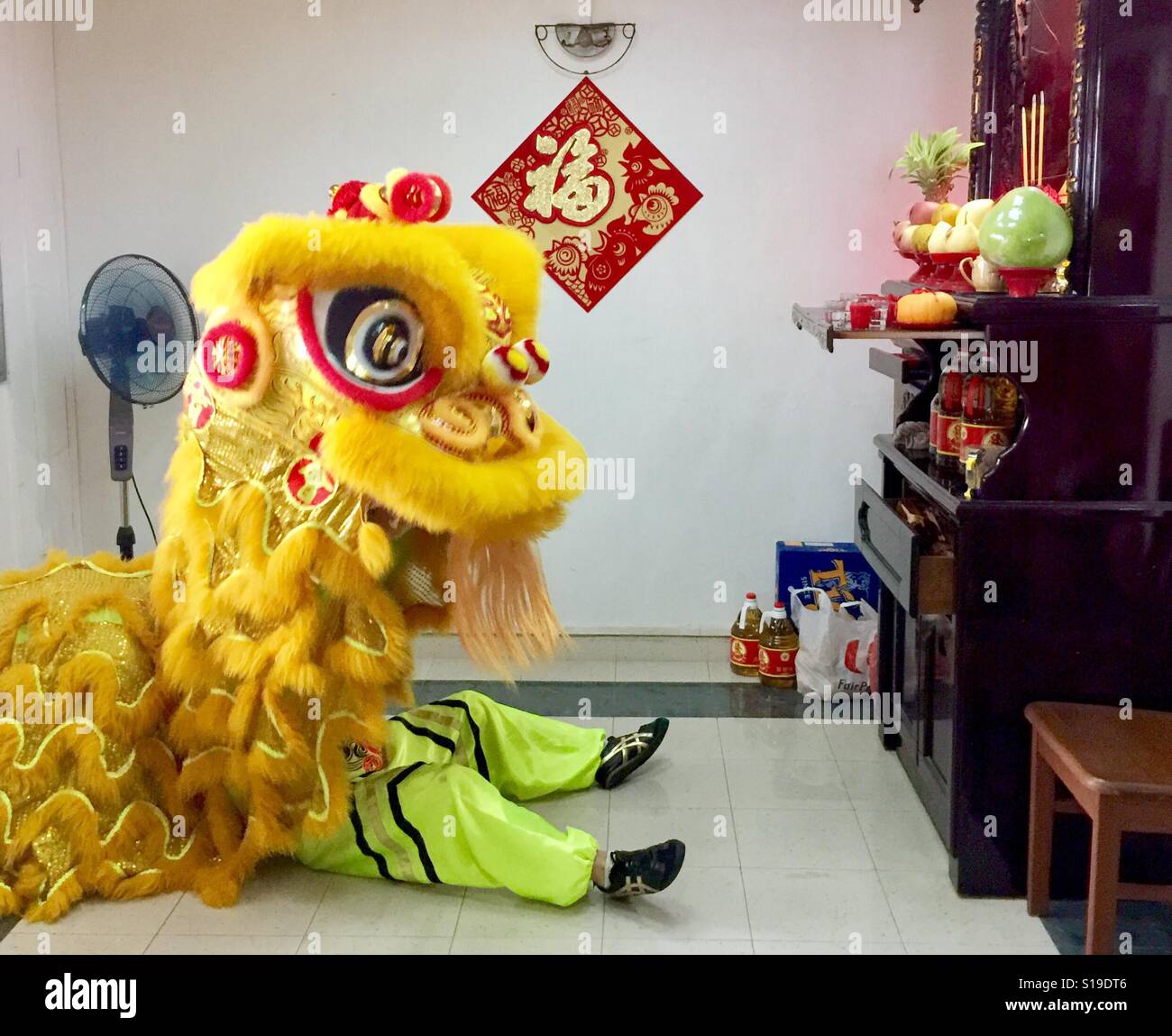 La danza del leone di casa benedizione, Singapore Foto Stock