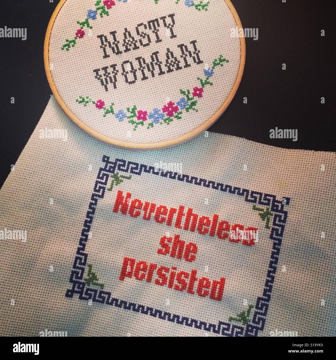Resistenza, artefice, crossstitch, STATI UNITI D'AMERICA, politica, politica, identità, i diritti delle donne, la protesta per le donne - Immagine stock catturata con smartphone