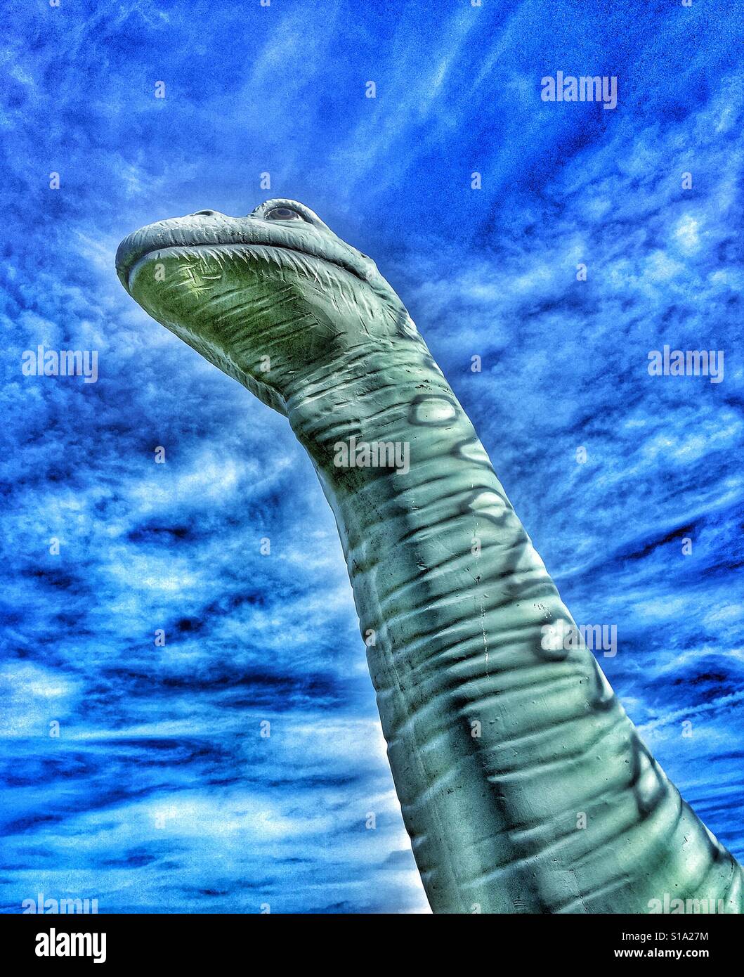 Un colore iPhone fotografia di un modello Brachiosaurus (Sauropod) dinosauro. Questo tipo di dinosauro aveva un collo lungo e un piccolo cranio. Credito foto - © COLIN HOSKINS. Foto Stock
